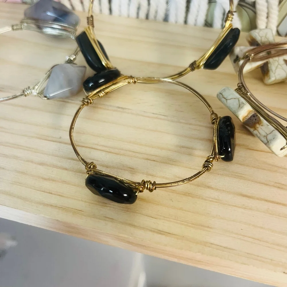 Stone Wire Wrapped Bangle Bracelet‎ Set Boho Bohemian Stacking